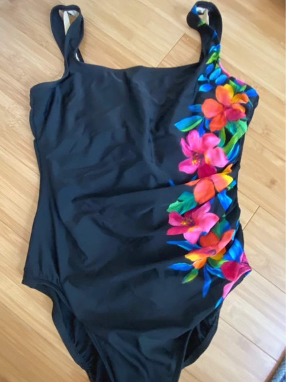Girls Black One-Piece Swimsuit with Pink & Orange Floral Side